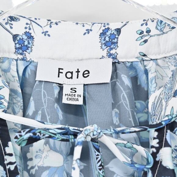 FATE Womens Billow Sleeve Blouse Top Sz S Blue Floral Tie Neck Button Boho Retro - Picture 6 of 12